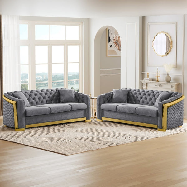 English Elm 2 Piece Grey Velvet Chesterfield Sofa Set Tufted 3 Seater with Gold Steel Legs W1191S00141