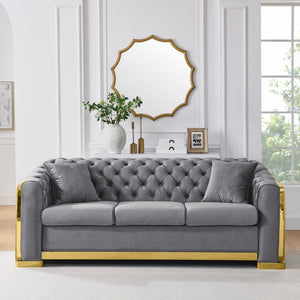 English Elm 2 Piece Grey Velvet Chesterfield Sofa Set Tufted 3 Seater with Gold Steel Legs W1191S00141