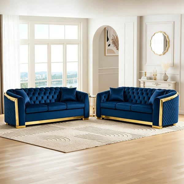 English Elm 2 Piece Velvet Chesterfield Sofa Set Tufted 3 Seater with Gold Steel Legs Living Room W1191S00142