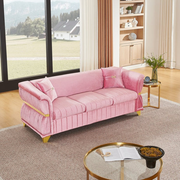 English Elm 83.5"modern Velvet Three-seat Sofa with Pleated Upholstery Gold Trim Tapered Legs Glam Living Room Pink W1191S00147