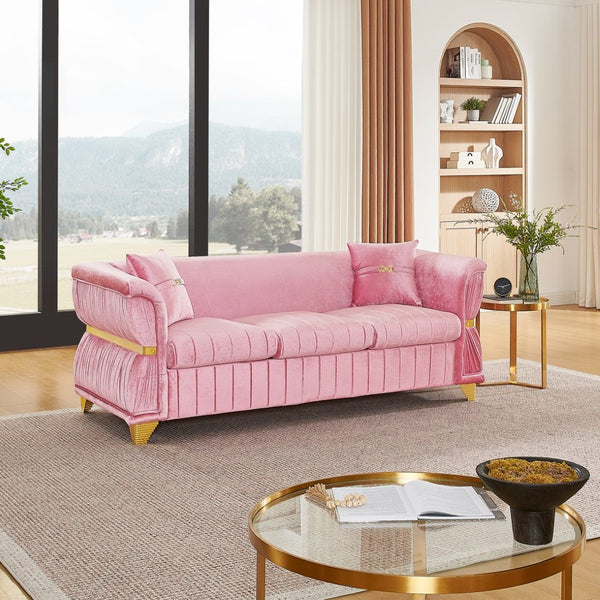 English Elm 83.5"modern Velvet Three-seat Sofa with Pleated Upholstery Gold Trim Tapered Legs Glam Living Room Pink W1191S00147