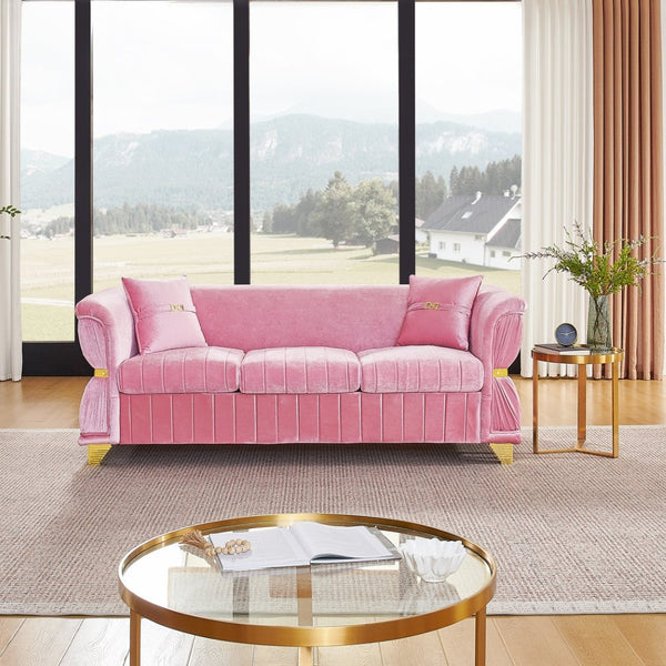 English Elm 83.5"modern Velvet Three-seat Sofa with Pleated Upholstery Gold Trim Tapered Legs Glam Living Room Pink W1191S00147