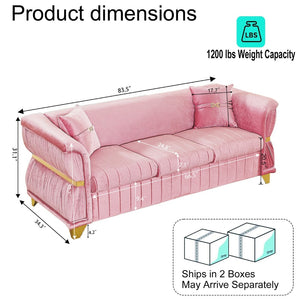English Elm 83.5"modern Velvet Three-seat Sofa with Pleated Upholstery Gold Trim Tapered Legs Glam Living Room Pink W1191S00147