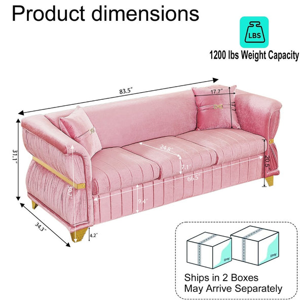 English Elm 83.5"modern Velvet Three-seat Sofa with Pleated Upholstery Gold Trim Tapered Legs Glam Living Room Pink W1191S00147