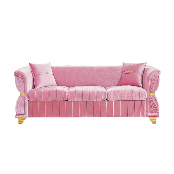 English Elm 83.5"modern Velvet Three-seat Sofa with Pleated Upholstery Gold Trim Tapered Legs Glam Living Room Pink W1191S00147