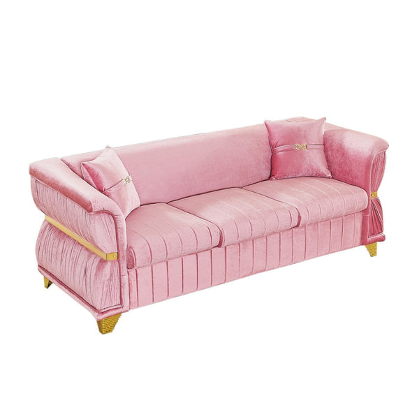 English Elm 83.5"modern Velvet Three-seat Sofa with Pleated Upholstery Gold Trim Tapered Legs Glam Living Room Pink W1191S00147