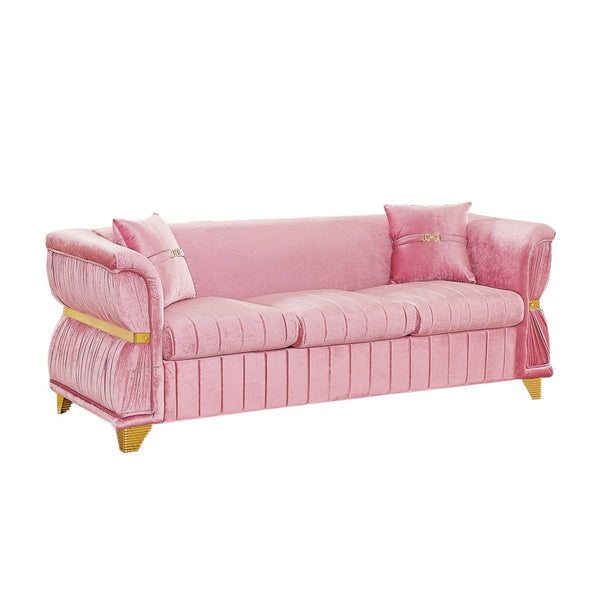 English Elm 83.5"modern Velvet Three-seat Sofa with Pleated Upholstery Gold Trim Tapered Legs Glam Living Room Pink W1191S00147