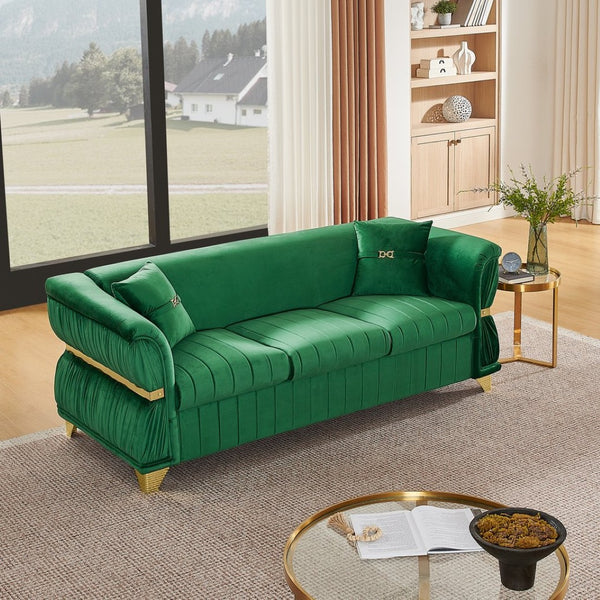 English Elm 83.5"modern Velvet Three-seat Sofa with Pleated Upholstery Gold Trim Tapered Legs Glam Living Room Green W1191S00148