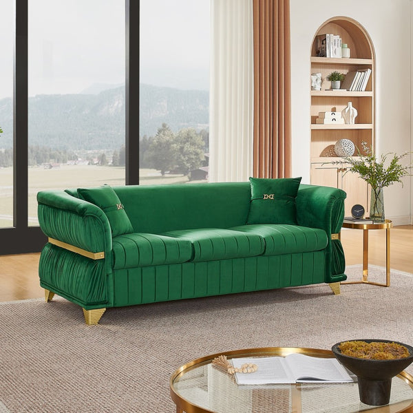 English Elm 83.5"modern Velvet Three-seat Sofa with Pleated Upholstery Gold Trim Tapered Legs Glam Living Room Green W1191S00148