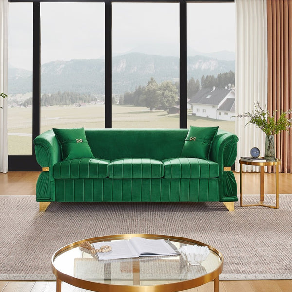 English Elm 83.5"modern Velvet Three-seat Sofa with Pleated Upholstery Gold Trim Tapered Legs Glam Living Room Green W1191S00148