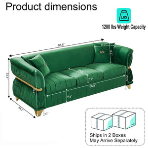 English Elm 83.5"modern Velvet Three-seat Sofa with Pleated Upholstery Gold Trim Tapered Legs Glam Living Room Green W1191S00148