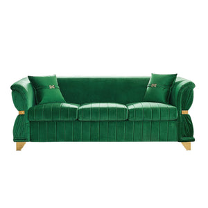 English Elm 83.5"modern Velvet Three-seat Sofa with Pleated Upholstery Gold Trim Tapered Legs Glam Living Room Green W1191S00148