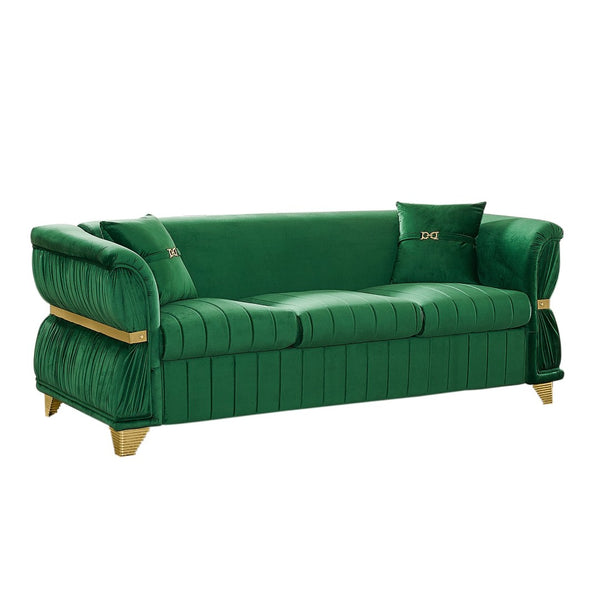 English Elm 83.5"modern Velvet Three-seat Sofa with Pleated Upholstery Gold Trim Tapered Legs Glam Living Room Green W1191S00148
