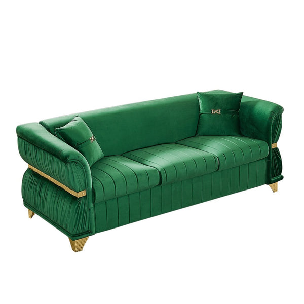 English Elm 83.5"modern Velvet Three-seat Sofa with Pleated Upholstery Gold Trim Tapered Legs Glam Living Room Green W1191S00148