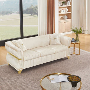 English Elm 83.5"modern Velvet Three-seat Sofa with Pleated Upholstery Gold Trim Tapered Legs Glam Living Room Beige W1191S00149