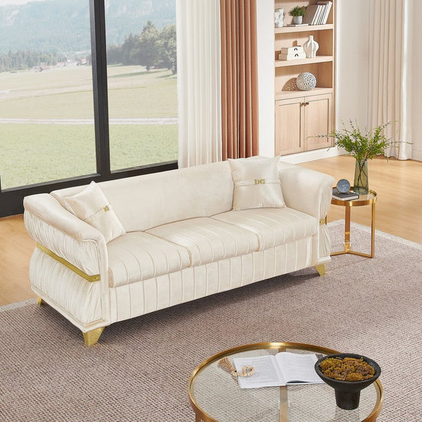 English Elm 83.5"modern Velvet Three-seat Sofa with Pleated Upholstery Gold Trim Tapered Legs Glam Living Room Beige W1191S00149