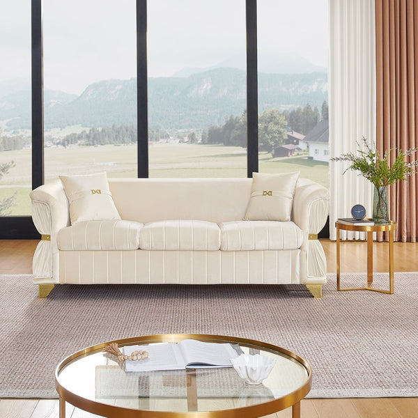 English Elm 83.5"modern Velvet Three-seat Sofa with Pleated Upholstery Gold Trim Tapered Legs Glam Living Room Beige W1191S00149