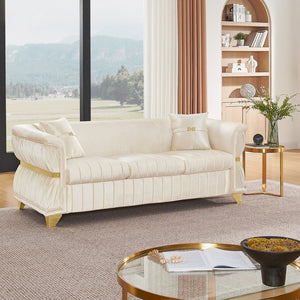 English Elm 83.5"modern Velvet Three-seat Sofa with Pleated Upholstery Gold Trim Tapered Legs Glam Living Room Beige W1191S00149