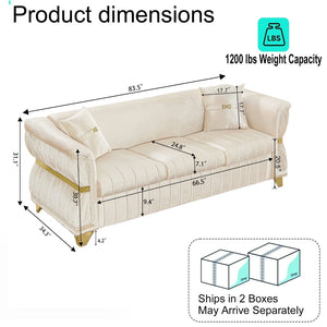 English Elm 83.5"modern Velvet Three-seat Sofa with Pleated Upholstery Gold Trim Tapered Legs Glam Living Room Beige W1191S00149