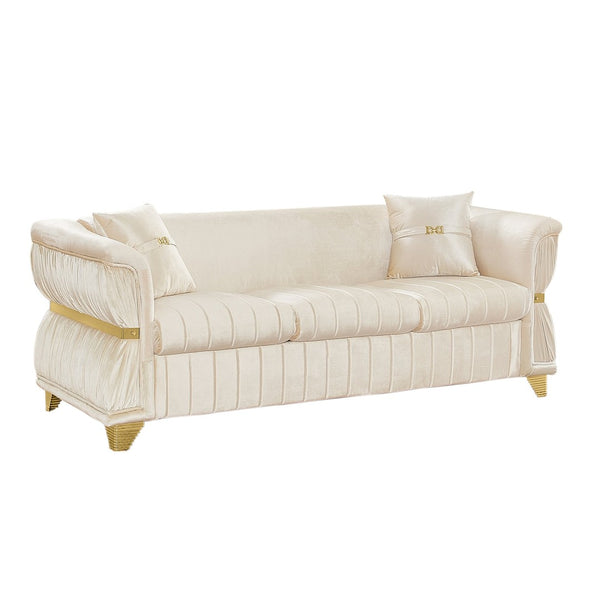 English Elm 83.5"modern Velvet Three-seat Sofa with Pleated Upholstery Gold Trim Tapered Legs Glam Living Room Beige W1191S00149