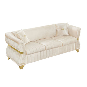 English Elm 83.5"modern Velvet Three-seat Sofa with Pleated Upholstery Gold Trim Tapered Legs Glam Living Room Beige W1191S00149