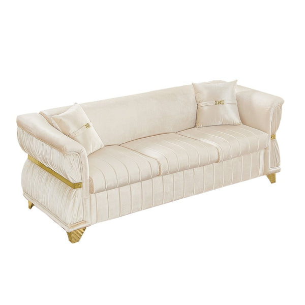 English Elm 83.5"modern Velvet Three-seat Sofa with Pleated Upholstery Gold Trim Tapered Legs Glam Living Room Beige W1191S00149