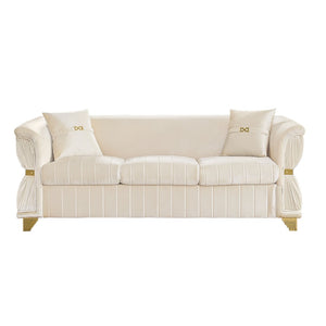 English Elm 83.5"modern Velvet Three-seat Sofa with Pleated Upholstery Gold Trim Tapered Legs Glam Living Room Beige W1191S00149