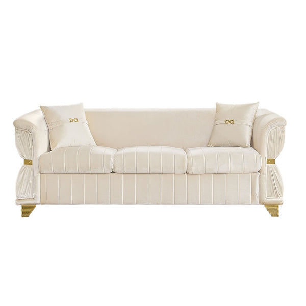 English Elm 83.5"modern Velvet Three-seat Sofa with Pleated Upholstery Gold Trim Tapered Legs Glam Living Room Beige W1191S00149