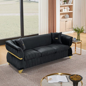 English Elm 83.5"modern Velvet Three-seat Sofa with Pleated Upholstery Gold Trim Tapered Legs Glam Living Room Black W1191S00150