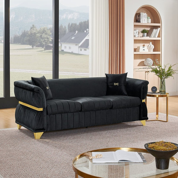 English Elm 83.5"modern Velvet Three-seat Sofa with Pleated Upholstery Gold Trim Tapered Legs Glam Living Room Black W1191S00150
