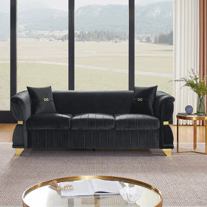 English Elm 83.5"modern Velvet Three-seat Sofa with Pleated Upholstery Gold Trim Tapered Legs Glam Living Room Black W1191S00150