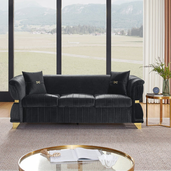 English Elm 83.5"modern Velvet Three-seat Sofa with Pleated Upholstery Gold Trim Tapered Legs Glam Living Room Black W1191S00150
