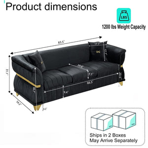 English Elm 83.5"modern Velvet Three-seat Sofa with Pleated Upholstery Gold Trim Tapered Legs Glam Living Room Black W1191S00150