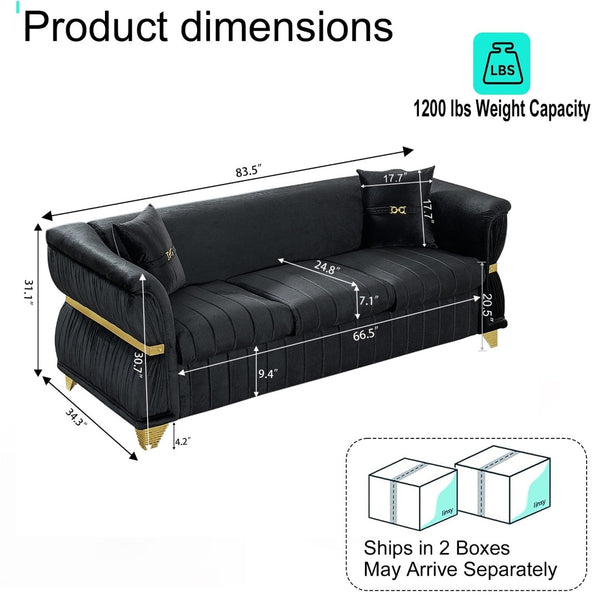 English Elm 83.5"modern Velvet Three-seat Sofa with Pleated Upholstery Gold Trim Tapered Legs Glam Living Room Black W1191S00150
