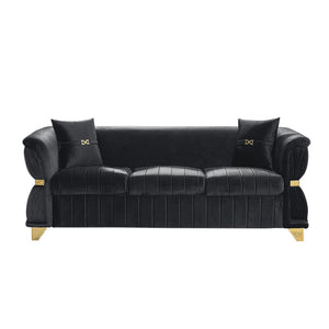 English Elm 83.5"modern Velvet Three-seat Sofa with Pleated Upholstery Gold Trim Tapered Legs Glam Living Room Black W1191S00150
