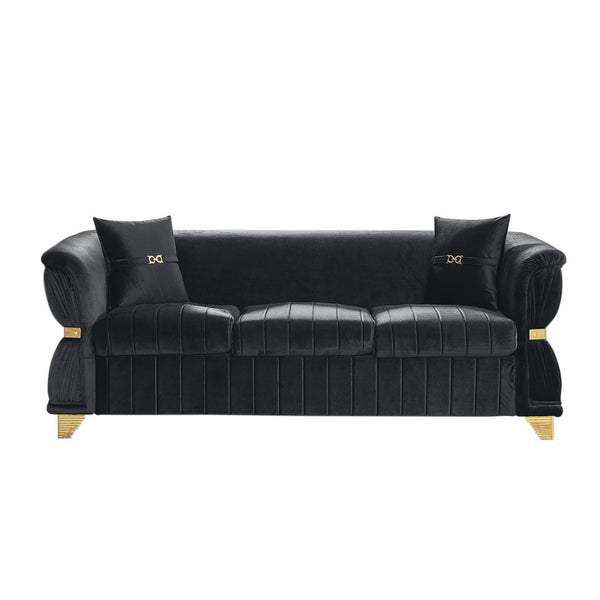 English Elm 83.5"modern Velvet Three-seat Sofa with Pleated Upholstery Gold Trim Tapered Legs Glam Living Room Black W1191S00150