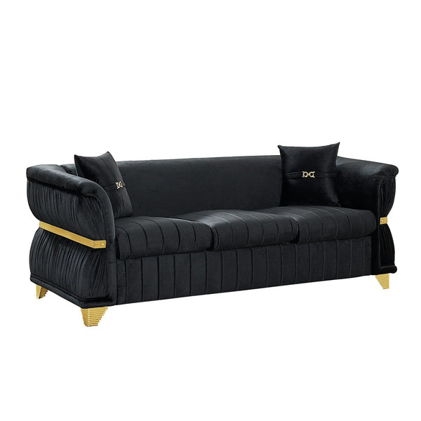 English Elm 83.5"modern Velvet Three-seat Sofa with Pleated Upholstery Gold Trim Tapered Legs Glam Living Room Black W1191S00150