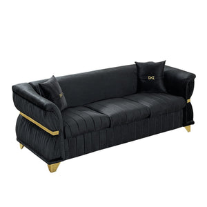 English Elm 83.5"modern Velvet Three-seat Sofa with Pleated Upholstery Gold Trim Tapered Legs Glam Living Room Black W1191S00150