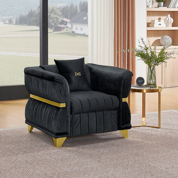 English Elm 39.8"modern Velvet Accent Sofa Pleated Upholstery Gold Trim Tapered Legs Glam Seating Black W1191S00152