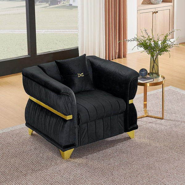 English Elm 39.8"modern Velvet Accent Sofa Pleated Upholstery Gold Trim Tapered Legs Glam Seating Black W1191S00152