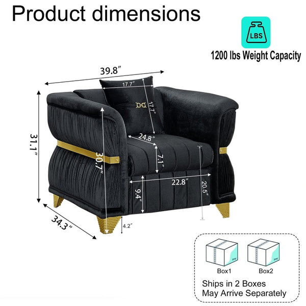 English Elm 39.8"modern Velvet Accent Sofa Pleated Upholstery Gold Trim Tapered Legs Glam Seating Black W1191S00152