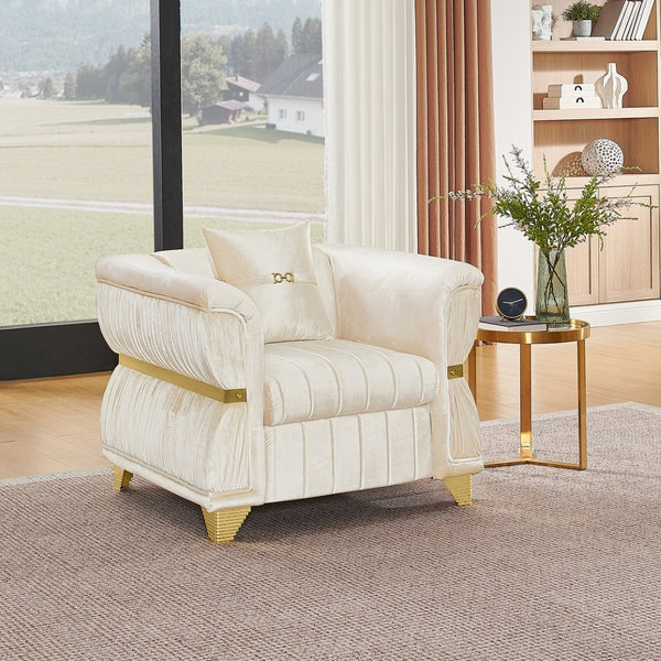 English Elm 39.8"modern Velvet Accent Sofa Pleated Upholstery Gold Trim Tapered Legs Glam Seating Beige W1191S00153
