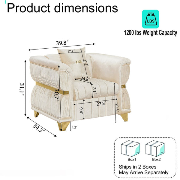 English Elm 39.8"modern Velvet Accent Sofa Pleated Upholstery Gold Trim Tapered Legs Glam Seating Beige W1191S00153