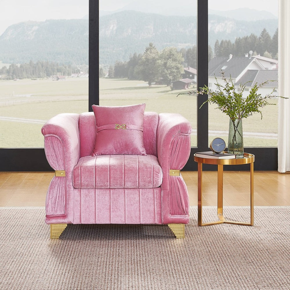 English Elm 39.8"modern Velvet Accent Sofa Pleated Upholstery Gold Trim Tapered Legs Glam Seating Pink W1191S00154