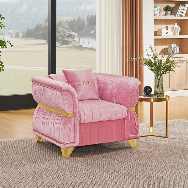 English Elm 39.8"modern Velvet Accent Sofa Pleated Upholstery Gold Trim Tapered Legs Glam Seating Pink W1191S00154