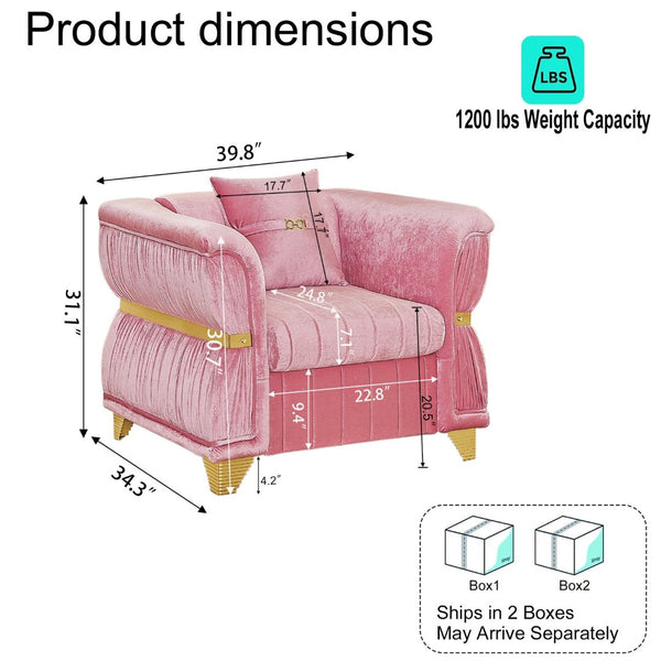 English Elm 39.8"modern Velvet Accent Sofa Pleated Upholstery Gold Trim Tapered Legs Glam Seating Pink W1191S00154