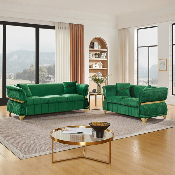 English Elm 2 Piece Blush Velvet Chesterfield Sofa Set Tufted Living Room Couch with Gold Trim Green W1191S00155