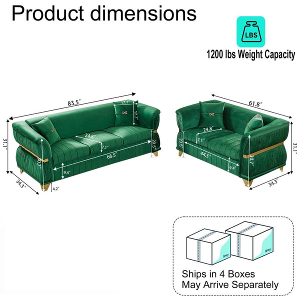 English Elm 2 Piece Blush Velvet Chesterfield Sofa Set Tufted Living Room Couch with Gold Trim Green W1191S00155