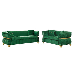 English Elm 2 Piece Blush Velvet Chesterfield Sofa Set Tufted Living Room Couch with Gold Trim Green W1191S00155