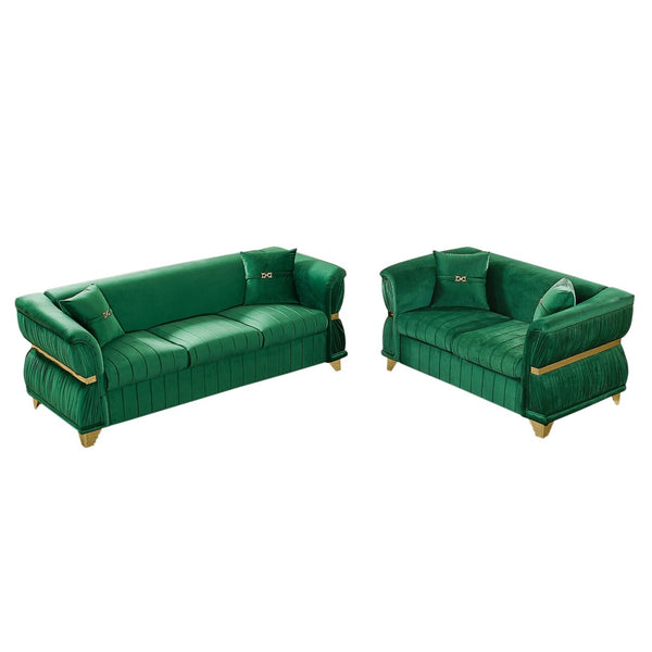 English Elm 2 Piece Blush Velvet Chesterfield Sofa Set Tufted Living Room Couch with Gold Trim Green W1191S00155